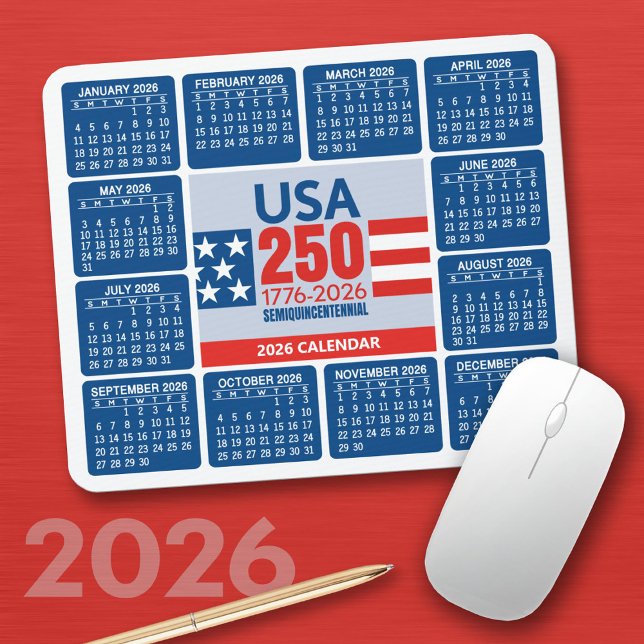 Tapis De Souris USA 250 with 2026 Calendar - Red White Blue (2026 Calendar on a Mousepad)
