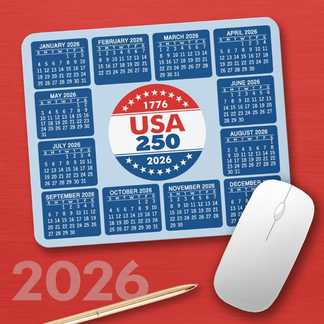 Tapis De Souris USA 250 with 2026 Calendar - Red White Blue (2026 Calendar on a Mousepad)