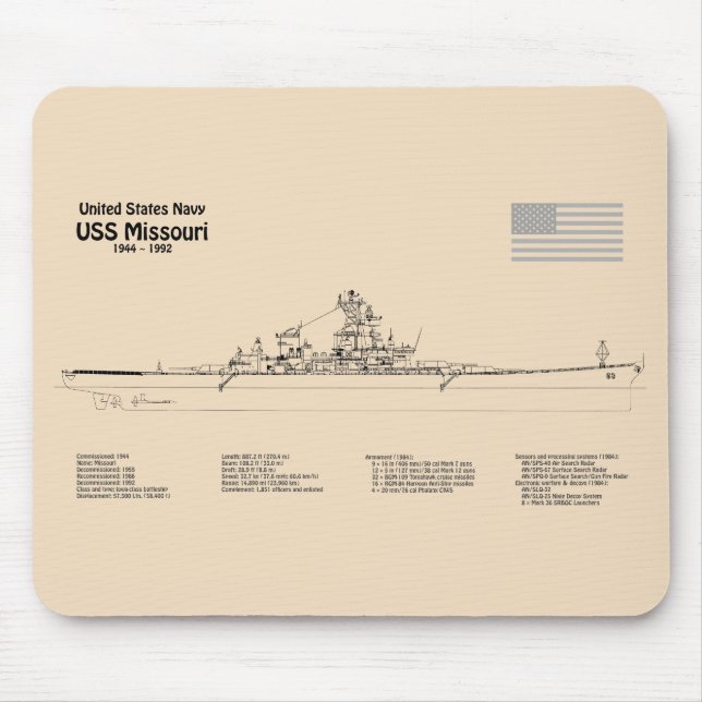 Tapis De Souris USS Missouri - Plan directeur des navires SD (Devant)