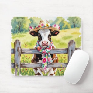 Tapis De Souris Vache à l'aquarelle portant un chapeau à motif flo