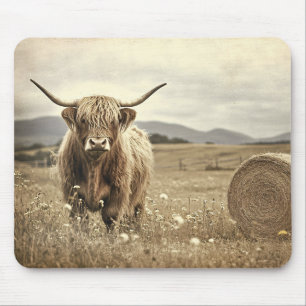 Tapis De Souris Vache de Highland dans un champ de foin Vintage