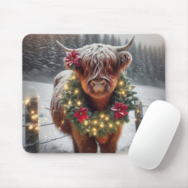Tapis De Souris Vache de Noël de Highland portant une couronne (Avec souris)