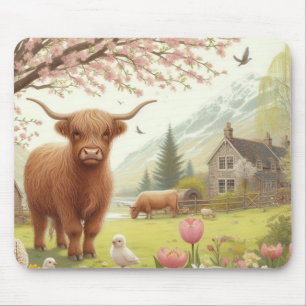 Tapis De Souris Vache des hautes terres mignonne, florale/printani
