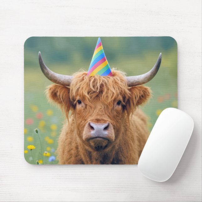 Tapis De Souris Vache des Highlands avec chapeau de fête d'anniver (Avec souris)