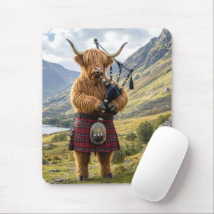 Tapis De Souris Vache des Highlands écossaise jouant de la cornemu