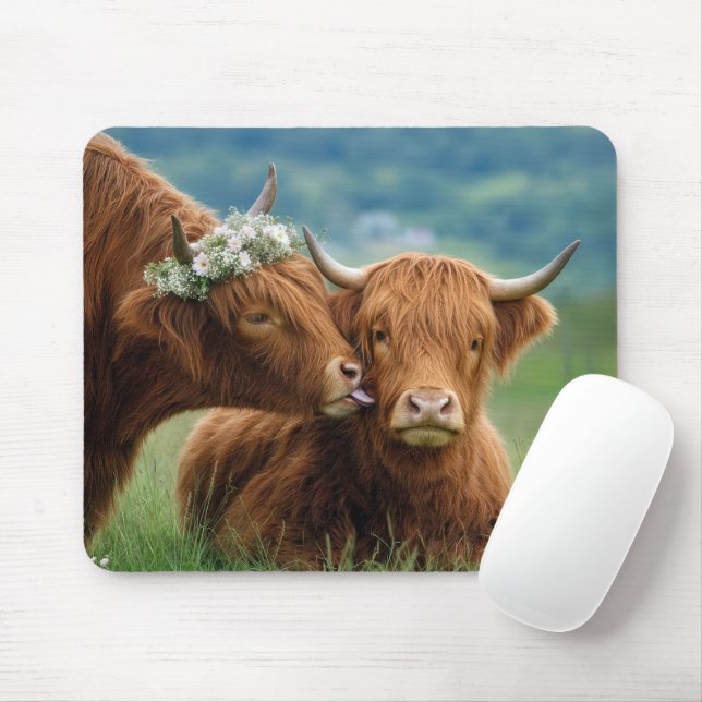 Tapis De Souris Vache des Highlands montrant de l'affection (Avec souris)