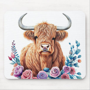 Tapis De Souris Vache et fleurs des Highlands Aquarelle