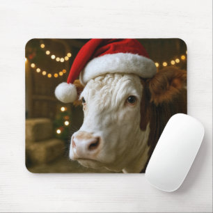 Tapis De Souris Vache Hereford de Noël portant un chapeau de Père
