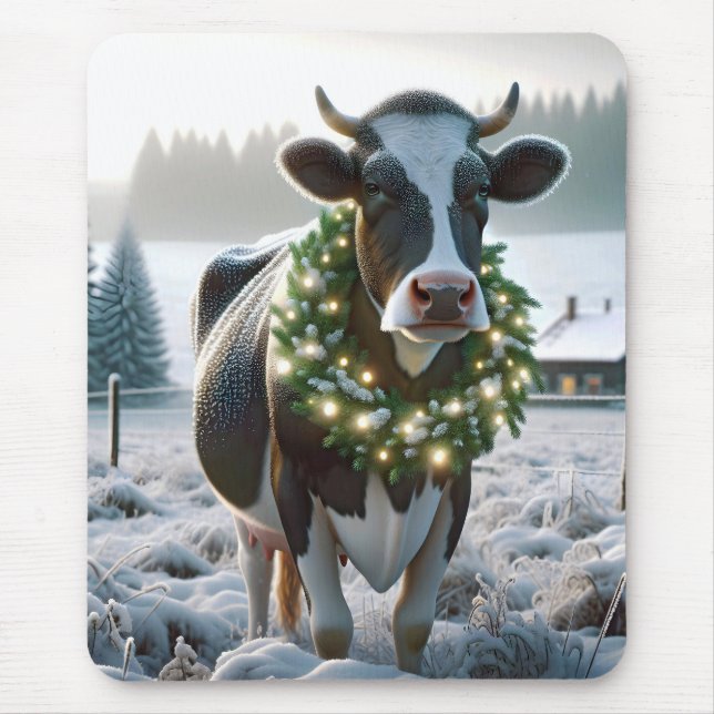 Tapis De Souris Vache Holstein de Noël avec couronne (Devant)