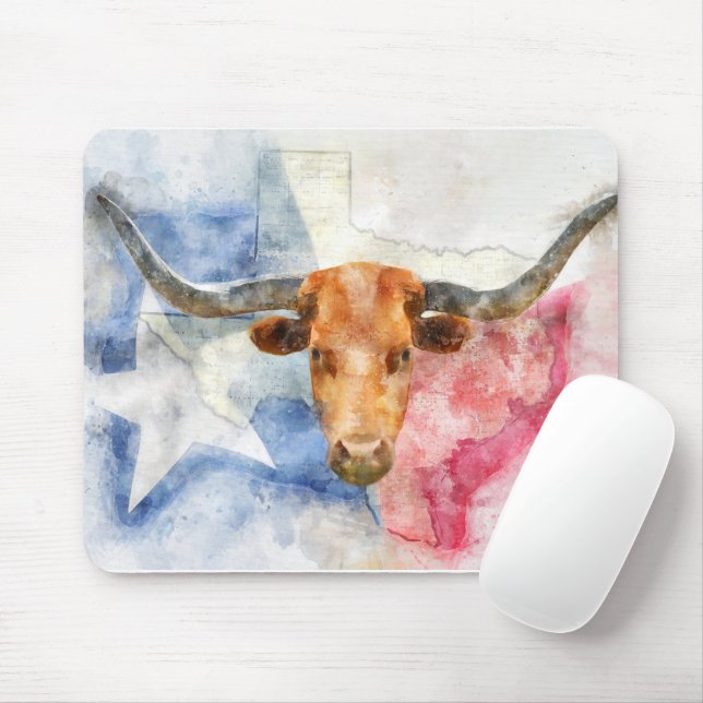 Tapis De Souris Vache Longhorn avec carte du Texas et drapeau aqua (Avec souris)