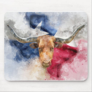 Tapis De Souris Vache Longhorn avec Texas Drapeau Carte Aquarelle