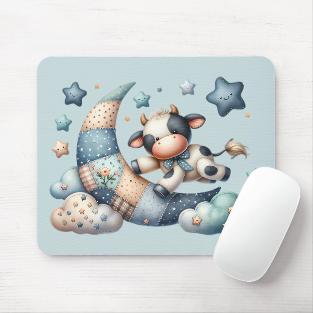 Tapis De Souris Vache patchwork mignonne sur la lune avec des étoi (Avec souris)