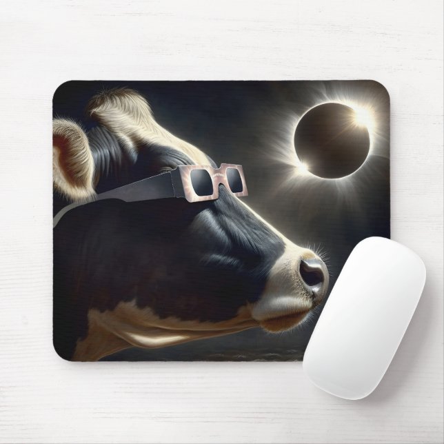 Tapis De Souris Vache Regardant L'Éclipse Solaire Totale (Avec souris)