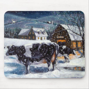 TAPIS DE SOURIS VACHE : RÉVEILLON DE NOËL : NEIGE : ART