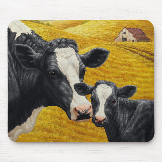 Tapis De Souris Vaches Holstein et vieille grange en bois (Devant)