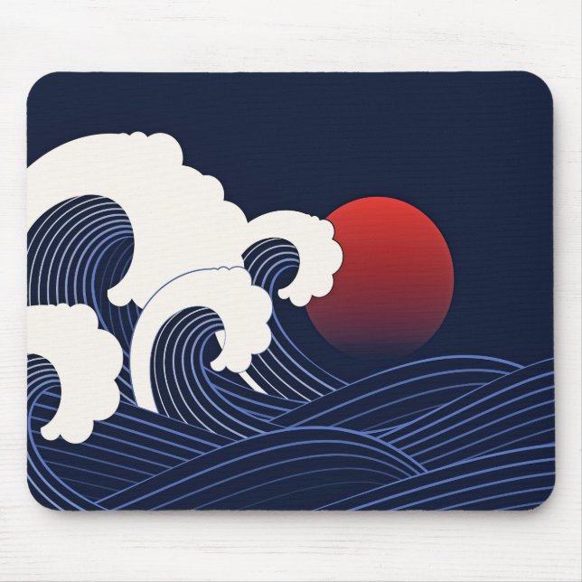 Tapis De Souris Vague bleu marine avec Lune rouge (Devant)