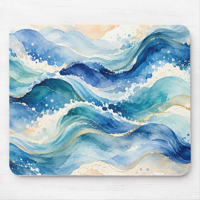 Tapis De Souris Vagues océaniques abstraites à l'aquarelle (Devant)