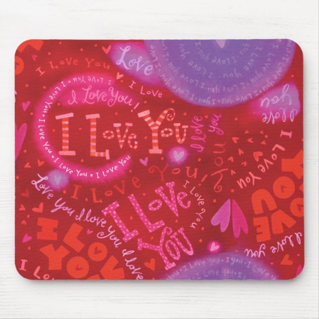 Tapis De Souris Valentine Coeurs Rose Rouge Je t'aime Typographie (Devant)