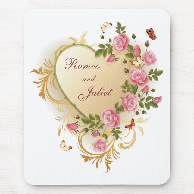 Tapis De Souris Valentines - Coeur doré avec Rose (Devant)