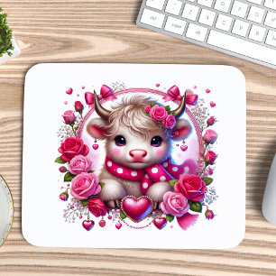 Tapis De Souris Valentines de vache des Hautes-Terres Roses