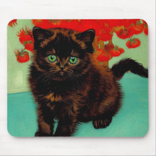 Tapis De Souris Van Gogh Chat noir Fleurs rouges