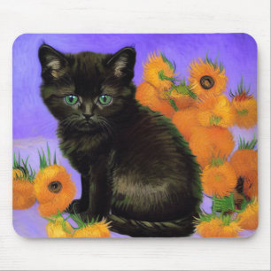 Tapis De Souris Van Gogh Kitten noir avec des tournesols