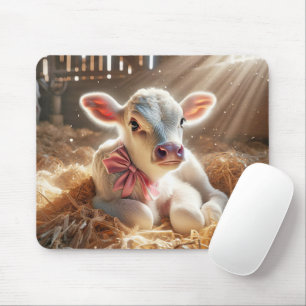 Tapis De Souris Veau Bébé Blanc Dans Le Stall De Grange
