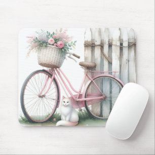 Tapis De Souris Vélo rose et chat blanc