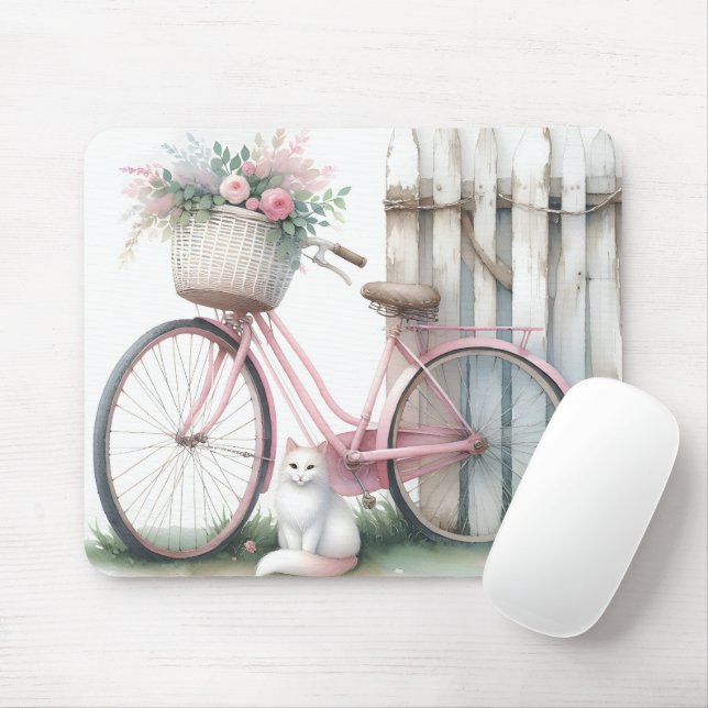 Tapis De Souris Vélo rose et chat blanc (Avec souris)