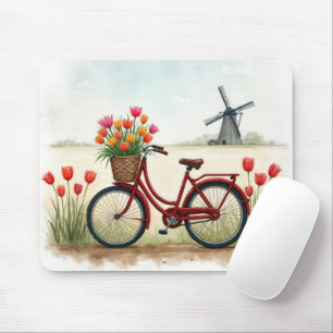 Tapis De Souris Vélo Rouge Avec Tulipes Néerlandaises