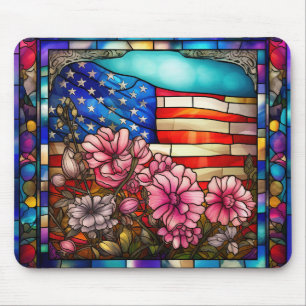 TAPIS DE SOURIS VERRE STAINÉ REGARDE LE DRAPEAU ET LES FLEURS AMÉR