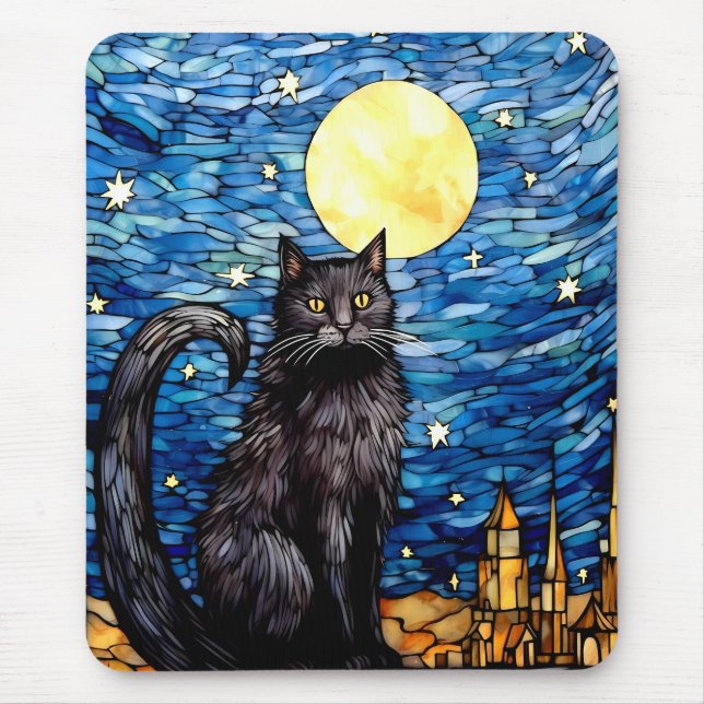 Tapis De Souris Verre tendu Chat noir Starry nuit (Devant)