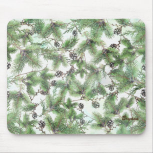 Tapis De Souris Vert de Noël & Cônes de Pin Campagne Hiver Rustiqu