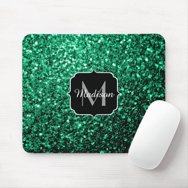 Tapis De Souris Vert émeraude faux paillettes scintillent Monogram (Avec souris)