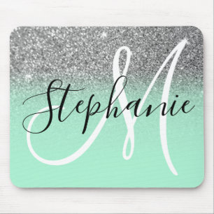 Tapis De Souris Vert Menthe et Monogramme Ombré Paillettes Argenté