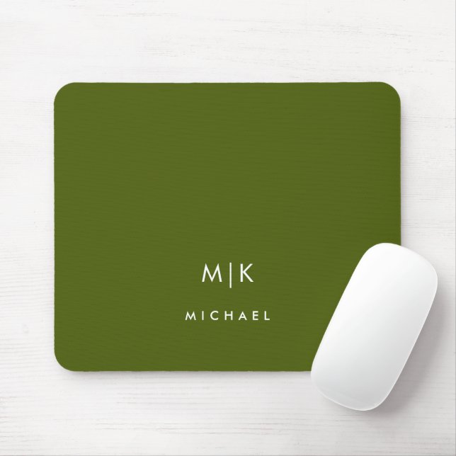 Tapis De Souris Vert olive | Monogramme Moderne (Avec souris)
