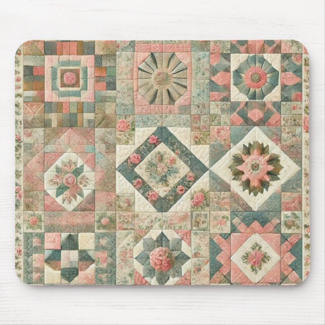 Tapis De Souris Vert Patchwork rose rose Floral Design Quilé (Devant)