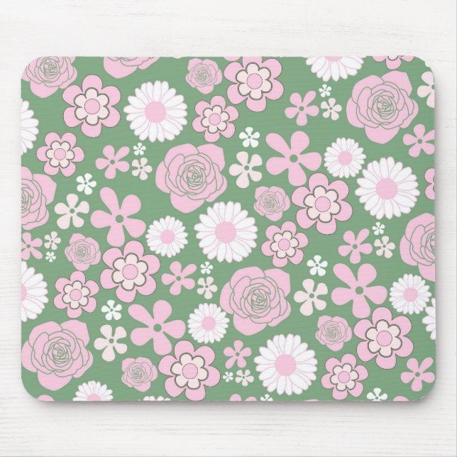 Tapis De Souris Vert rose blanc rétro Y2K les années 70 Fleur Moti (Devant)