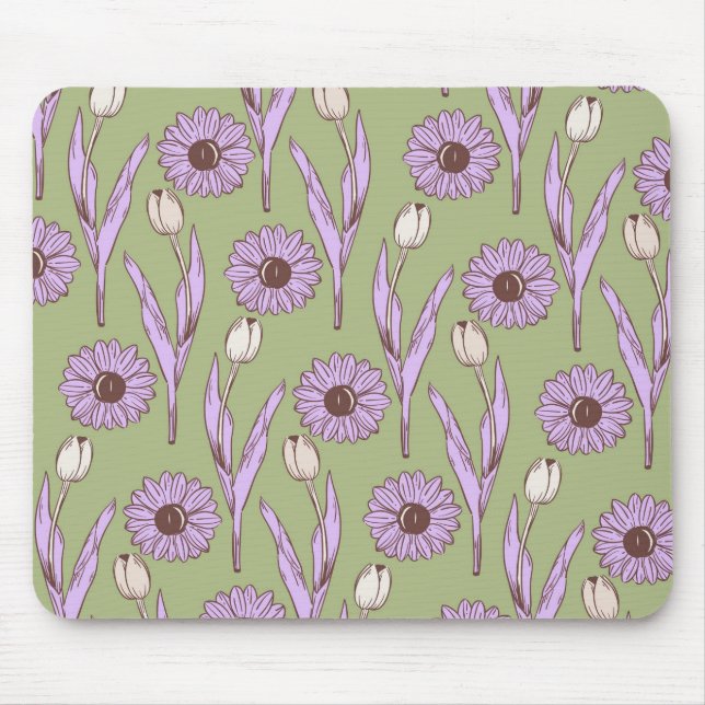 Tapis De Souris Vert violet rétro Y2K Funky Hippie Flower Motif (Devant)