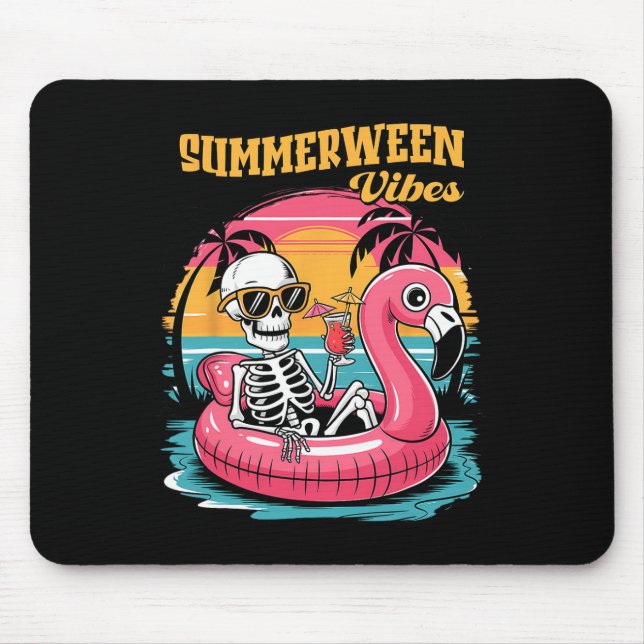 Tapis De Souris Vibes de Summerween squelette Vacances d'été drôle (Devant)