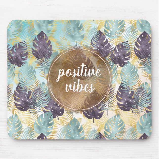 Tapis De Souris Vibes positives des Feuilles d'or vert violet trop (Devant)