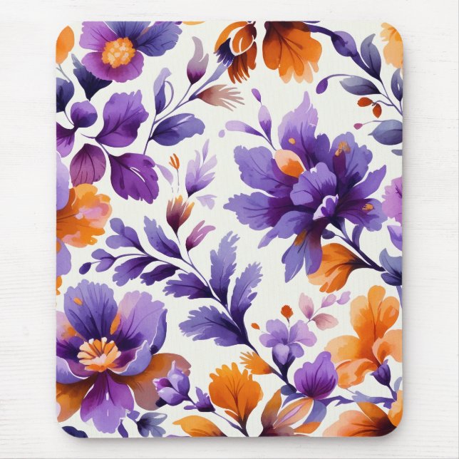 Tapis De Souris Vibrant Orange & Purple Aquarelle Florale (Devant)