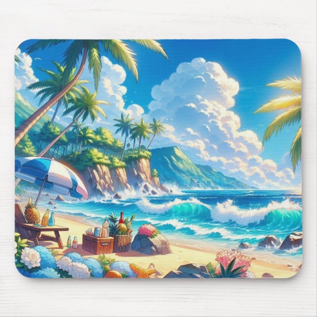 Tapis De Souris Vibrant Tropical Island Beach Aquarelle (Devant)