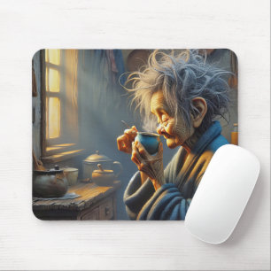 Tapis De Souris Vieille Dame Boire Café du matin