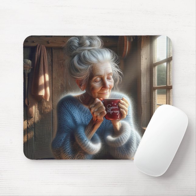 Tapis De Souris Vieille Dame Douce Avec Café Du Matin (Avec souris)