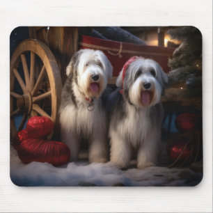 Tapis De Souris Vieux anglais Cheepdog Snowy Sleigh Décor de Noël