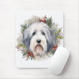 Tapis De Souris Vieux anglais Sheepdog Christmas Wreath Festive Pu