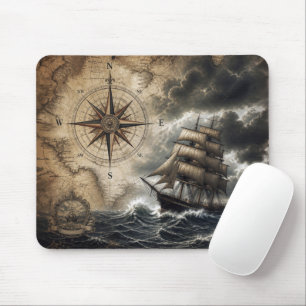 Tapis De Souris Vieux navire à voiles avec rose des vents