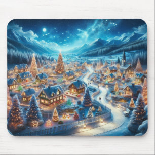 Tapis De Souris Village de Noël Peinture sur scène neigeuse