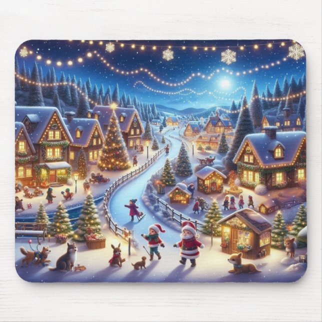 Tapis De Souris Village de Noël Peinture sur scène neigeuse (Devant)